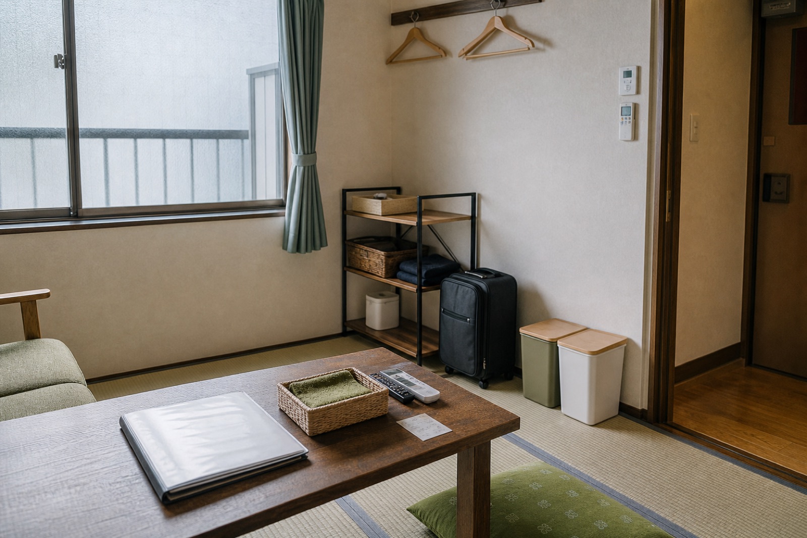ごみ箱と案内ファイルが見える日本の小規模宿の客室