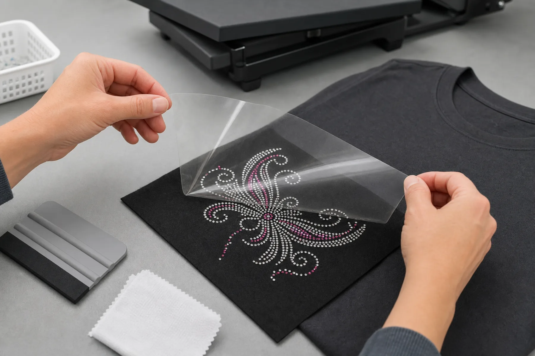 Clear carrier sheet being lifted from a rhinestone design on black fabric